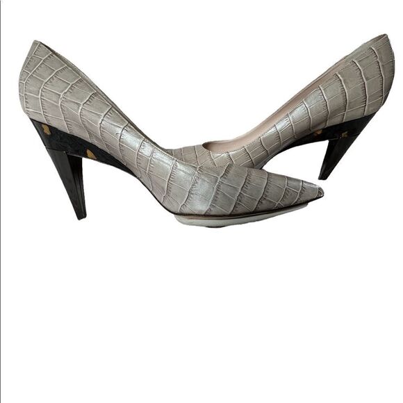 Escada embossed leather heels EUC taupe size 9.5 gorpcore sculptered heel - Picture 8 of 10